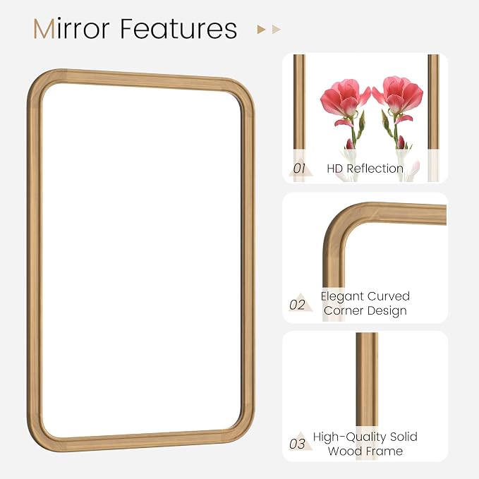 HOMECOOKIN Wood Bathroom Mirrors for Wall Mounted, 24" x 36" Rustic Wood Frame Wall Mirrors Decorative for Living Room or Bedroom Vanity Mirror (Natural) HH - Image 5