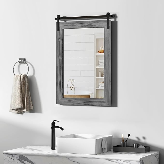 COGOOD Bathroom Mirrors for Over Sink - 22 x 30 Farmhouse Barn Door Wall Mirror for Bathroom, Living Room, Entryway Wall Decor Grey - Image 2