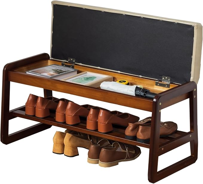 latifolia Solid Wood Bench, Entryway Shoe Bench with Cushion, Flip-Open Storage Compartment, 2-Tier Shoe Organizer(Grey,31.50''L) by Latifolia