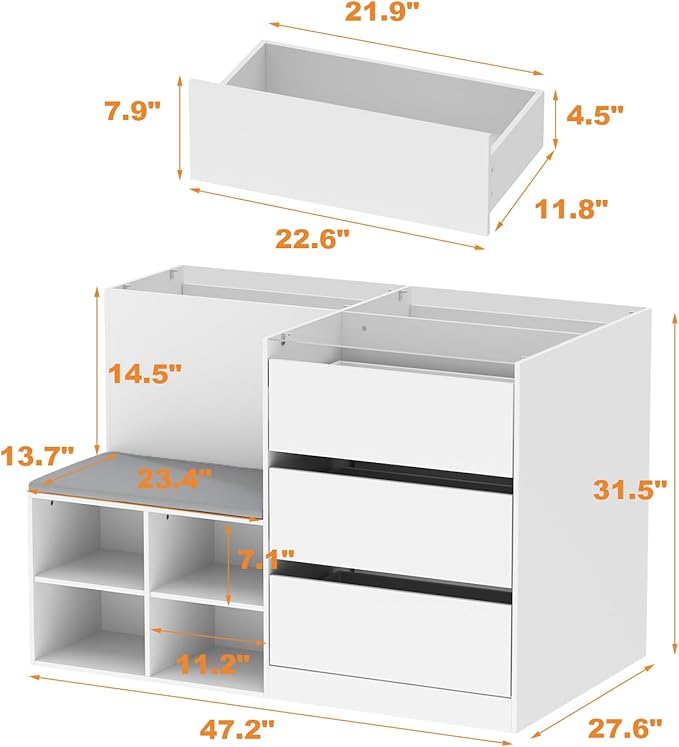 Armoire Bedroom Island Wardrobe Closet Island with 9 Drawers & Glass Tabletop, Islands Dresser with Bench, Closet Islands for Bedroom Cloakroom White (47.2”W x 27.5”D x 31.5”H)