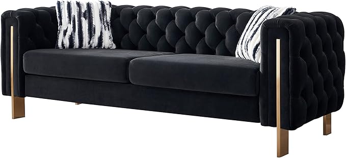 KEIKI 84" Chesterfield Velvet Tufted Button Sofa with Removable Cushions and 2 Toss Pillows, Modern 3-Seater Couch with 4 Gold Metal Legs, Easy Assembly, for Living Room, Bedroom, Apartment, Black