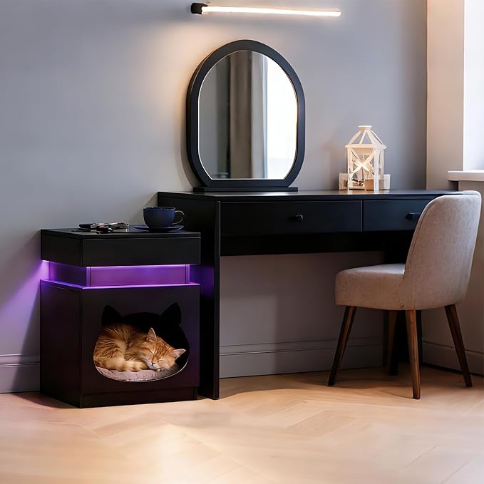 Night Stand with Charging Station, Wooden Bedside Table with LED Lights, Dark Grey Side Tables with Sliding Drawer, Modern End Table with Storage Spacey (Drawer Nightstand) - Image 9