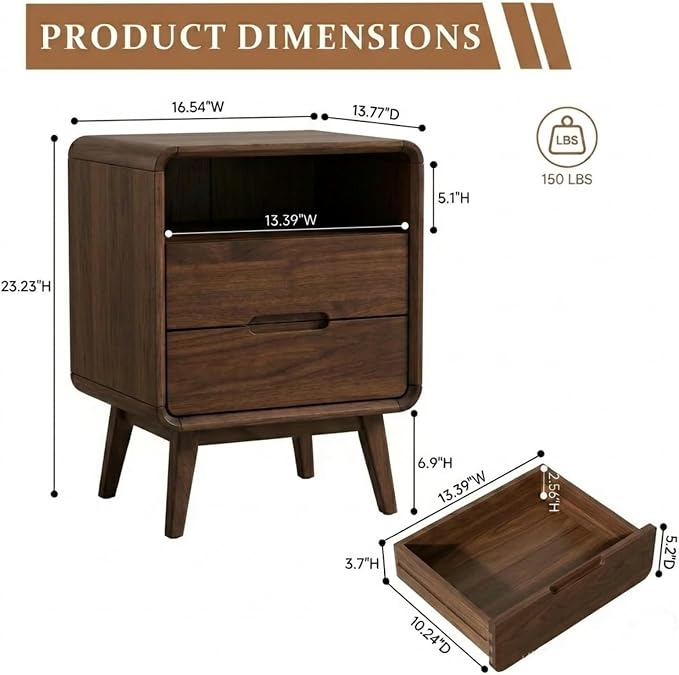 Walnut Nightstand Set of 2, Solid Wood Nightstand with Drawers & Open Storage Shelf, Mid Century Modern Nightstands, Wood End Table for Bedroom, (Dark Black Walnut, 23.23" H) - Image 2