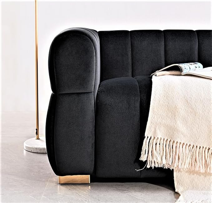 Art Deco Velvet Sofa with Tufted Low Back Design, Sophisticated 3 Seater Couch for Living Rooms, 89 Inch Wide, Easy Assembly, Black