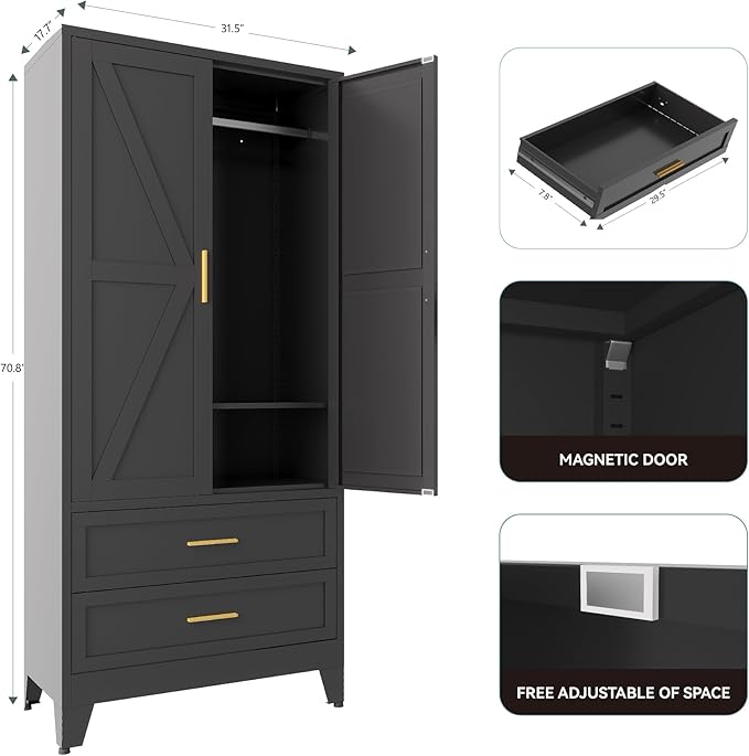 71" Tall Metal Armoire Wardrobe Closet,17.7" Deep By 31.5" Wide Portable Closet for Hanging Clothes,Wardrobe Cabinet with Drawers and Shelves for Bedroom Office Garage,Black 1 Pack