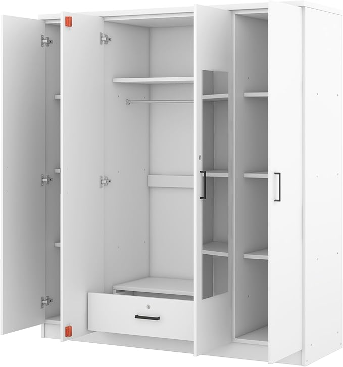 Merax 4 Doors Closet Wardrobe with Mirror Door and Hanging Rail, Wood Closet Organizers and Storage with One Drawer and Two 4-Tier Storage Shelves, Top Cabinet for Bedroom, Laundry Room, White