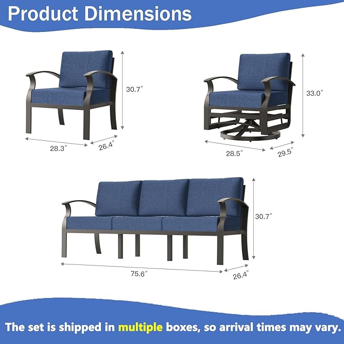 Aluminum Outdoor Patio Furniture Set,7 Seats Patio Conversation Sets with Rectangular Coffee Table,Metal Patio Sectional Furniture Set with 2 Swivel Rocking Chairs,Navy Blue