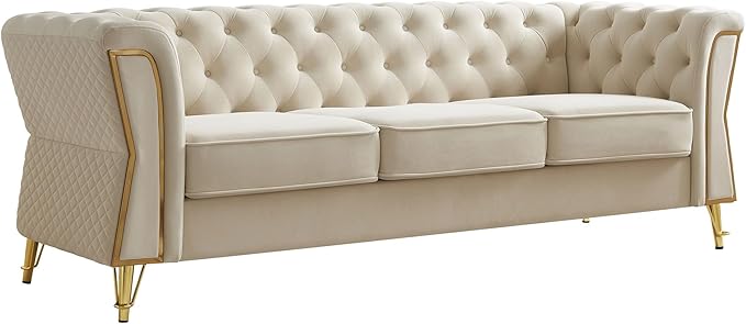 KEIKI 87" Chesterfield Velvet Button Tufted Sofa with High Density Foam Cushions, Modern Style 3-Seater Couch with Gold Strip Trim Decoration, Easy Assembly, for Apartment, Living Room, Office, Beige