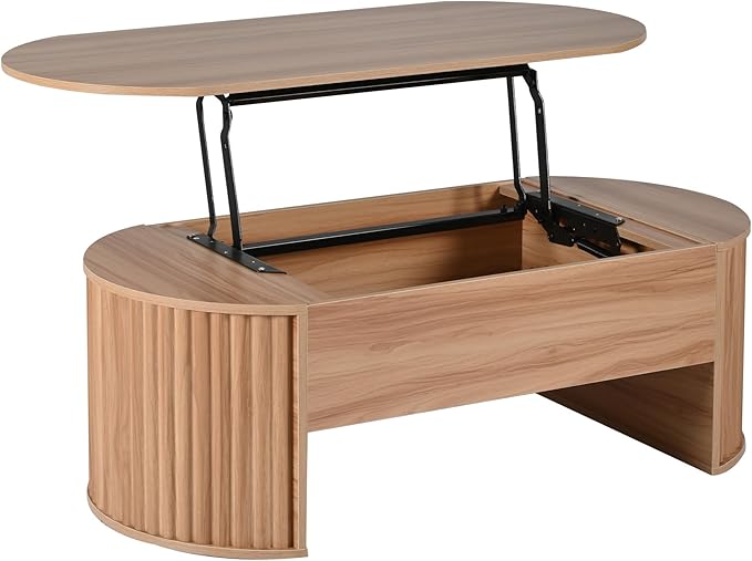 Lift Top Coffee Table with Storage Hidden Compartment, Partially Assembled Wooden Fluted Center Table, 47.2" Modern Oval Smart Lift Tabletop for Home Living Room Office-Natural