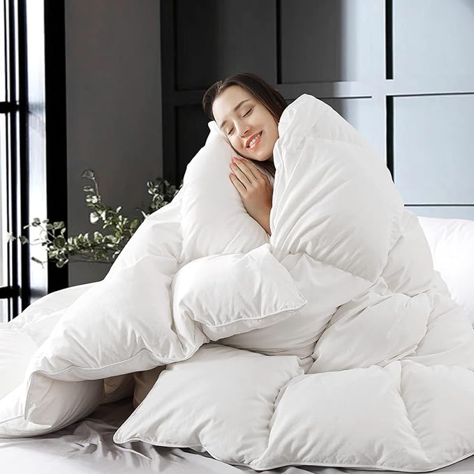 WhatsBedding White Feather Comforter California King Size, Filled with Feather and DownFiber, All Season Luxury Bed Comforter, Ultra Soft 100% Cotton Duvet Insert,104"x96"