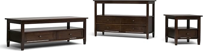 SIMPLIHOME Warm Shaker Coffee Table - 48 inch Wide Solid Wood Coffee Table in Tobacco Brown, Transitional Living Room Table with 2 Drawers, Open Shelf, Shaker Fronts and Tapered Legs