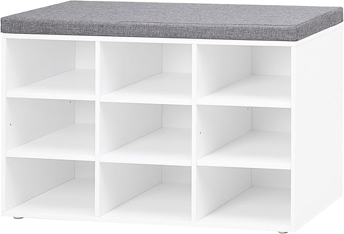 DINZI LVJ Shoe Storage Bench with Cushion, Cubby Shoe Rack with 9 Cubbies, Adjustable Shelves, Multifunctional Shoe Organizer Bench for Entryway, Mudroom, Hallway, Closet and Garage, White by DINZILVJ