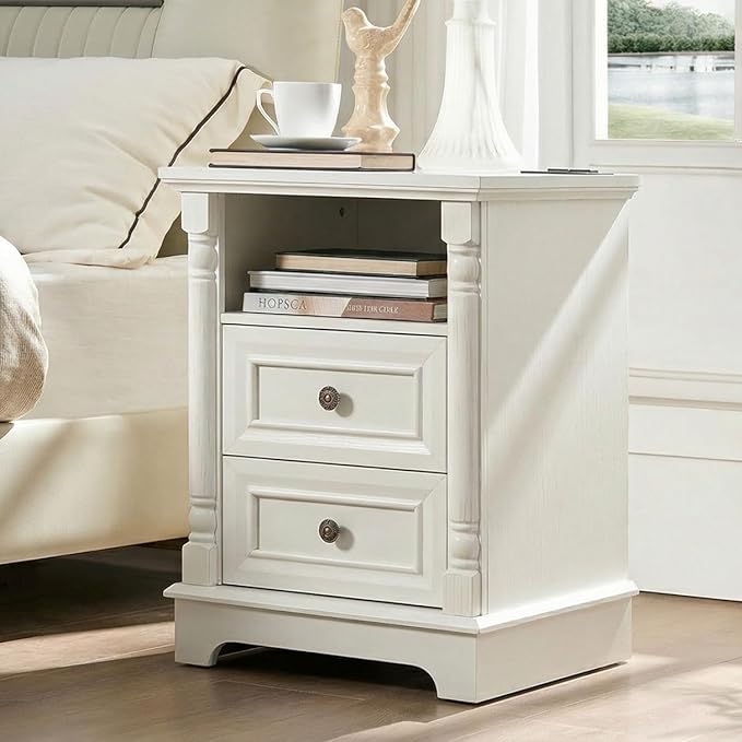 OKYCI 3PC Farmhouse Dresser and Nightstand Sets for Bedroom, Including 8 Drawer Dresser & 2 Drawer Night Stand Set of 2 with USB,Antique White