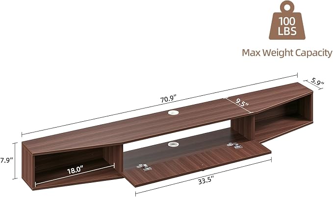 70inch Floating TV Stand, Plywood Wall Mounted Media Console with 1 Flip Down Door & 4 Open Shelves, Modern Floating Entertainment Center with Wire Management for Living Room, Walnut - Image 2