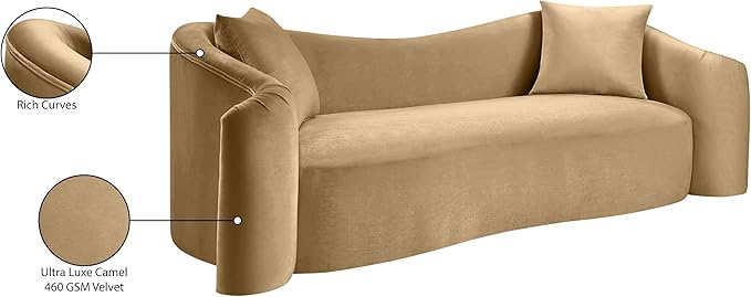 Meridian Furniture 44052Camel-S Destin Collection Modern | Contemporary Sofa with Ultra Luxe Camel 460 GSM Velvet, Rich Curves, 91" W x 34.5" D x 31" H, Camel