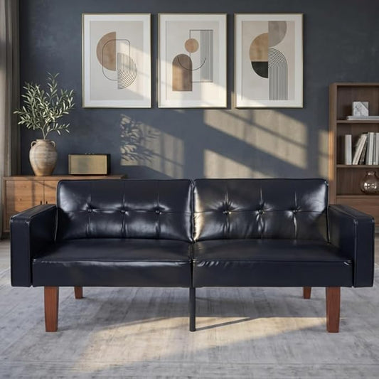 Adjustable Backrest Convertable Sofa, Modern PU Leather 2-Seat Futon Sofa, Convertible Faux Leather Sleeper Couch with Armrests, Couch for Living Room Home Office Spaces, Black