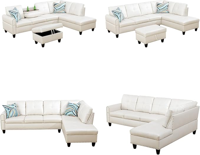 Sectional Couches for Living Room, Convertible 4 Seat Modular Sectional Sofa Set for Living Room, L Shaped Couch or U Shaped Couch with Storage Ottoman for Apartment, Leather White