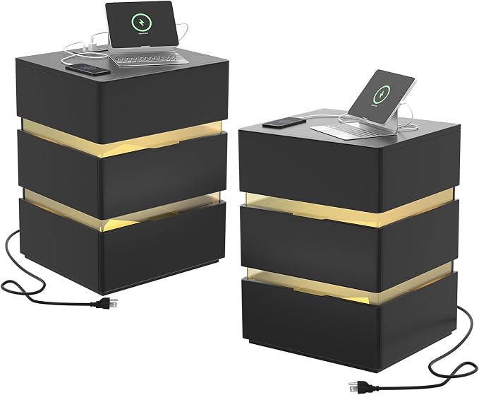 VINGLI Black Nightstands Set of 2 with Charging Station, LED Nightstand with 3 Drawers, Acrylic Smart Nightstand, Wood Nightstands Bedroom, Modern Night Stands, Bedside Table, End Table by VINGLI