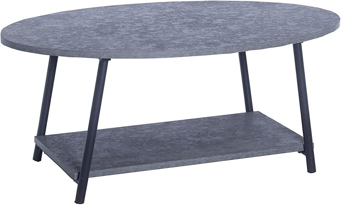 Household Essentials Jamestown Oval Coffee Table with Storage Shelf Rustic Slate Concrete and Black Metal