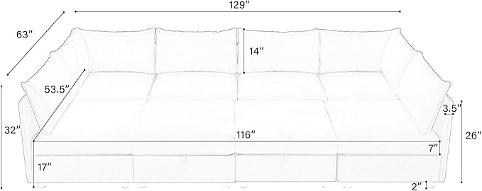 Oversized 8 Seater Modular Storage Sectional Sofa Customizable Seating Group Sofa&Couch Convertible Sleeper Sofabed W/Movable Ottoman & Seat, U-Shaped Chenille Upholstered Sofa Couch for Living Room
