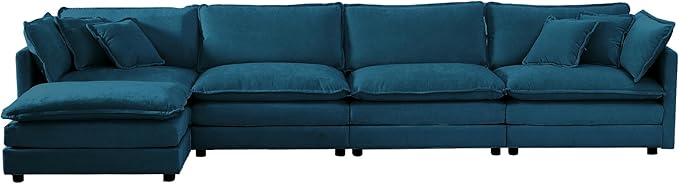 ERYE Shaped Oversized Sectional Sofa Modern Deep Seat Reversible Chaise Sofa&Couch with Movable Ottoman, Modular Sleeper Upholstered Couch for Living Room, Apartment, Studio, Office, 146.5", Blue/L