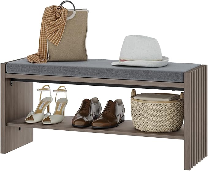 BON AUGURE Shoe Storage Bench Bedroom, Entryway Bench with Cushion, Ottoman Benches for Living Room Hallway Entry (Greige Oak, 40 Inch Wide) - Image 9