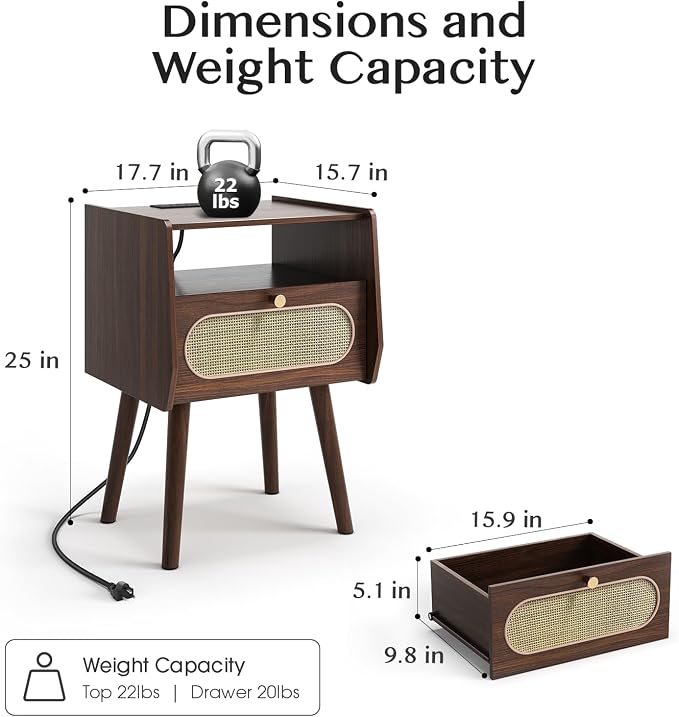Nightstand Set of 2, Rattan Night Stands with Charging Station, Mid Century Modern Bedside Table with Drawer, Boho Dark Brown End Table with Storage, Wood Side Table for Bedroom, Dark Walnut - Image 2
