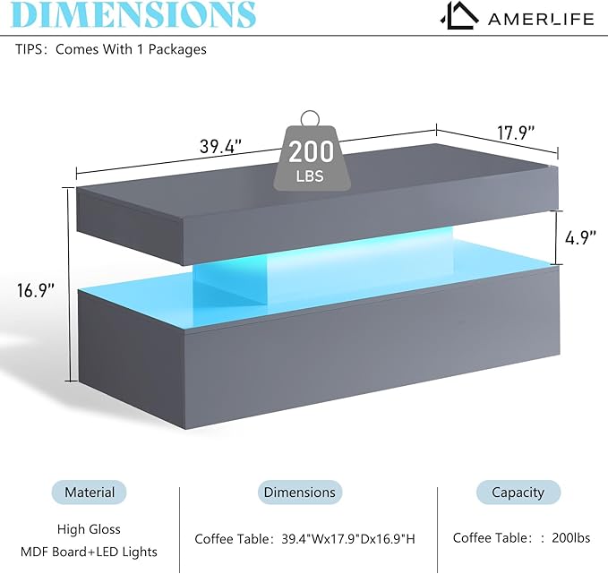 AMERLIFE High Gloss 2-Tier LED Coffee Table, 40" Modern Center Table with LED Lights, Open Storage Space, Minimalism Rectangular Sofa Side Table for Living Room, Gray