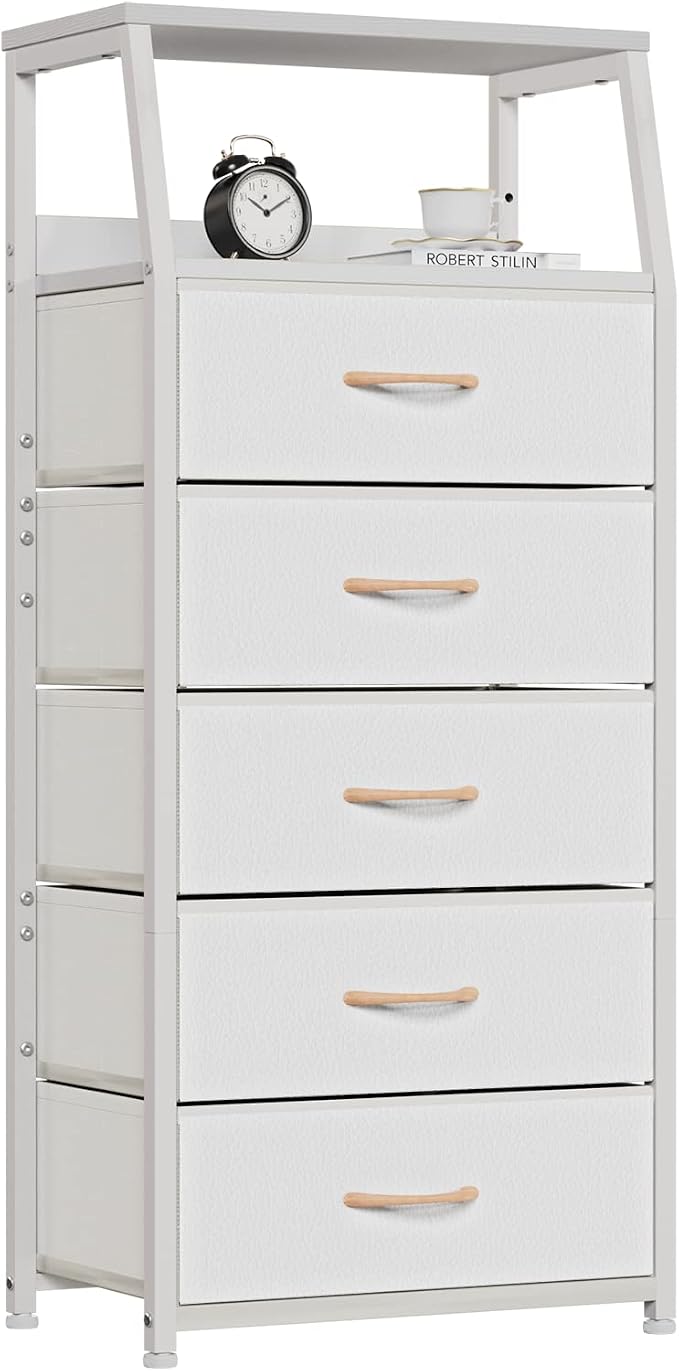 Furnulem White Dresser with 5 Drawers, Vertical Storage Tower Fabric Dresser for Bedroom, Hallway, Entryway, Nursery, Closet Organizer, Nightstand Bedside Table Furniture, Sturdy Steel Frame, Wood Top by Furnulem