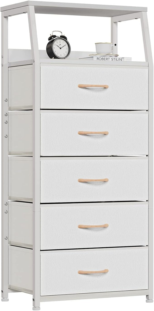 Furnulem White Dresser with 5 Drawers, Vertical Storage Tower Fabric Dresser for Bedroom, Hallway, Entryway, Nursery, Closet Organizer, Nightstand Bedside Table Furniture, Sturdy Steel Frame, Wood Top by Furnulem