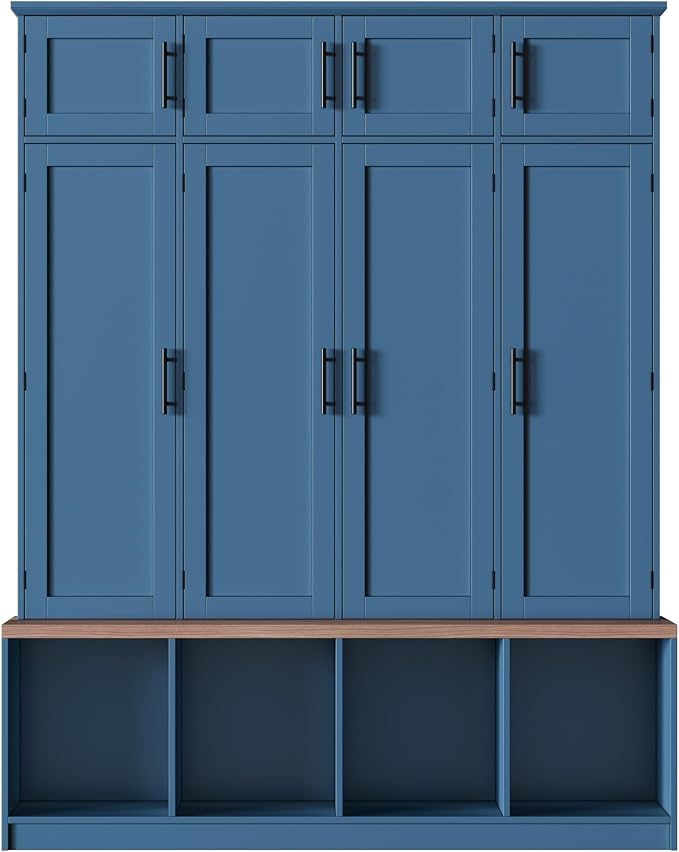 Hall Tree with Bench and Shoe Storage Compartments for Entryway, Particle Board Multi-Functional Cabinet with 4 Hanging Hooks, Blue - Image 6