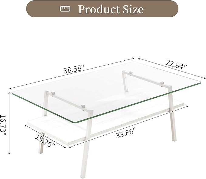 IANIYA Glass Coffee Table for Living Room Small Gold Mid Century Coffee Table for Living Room with Wood Shelves (White Frame, Transparent Glass + White Wood)