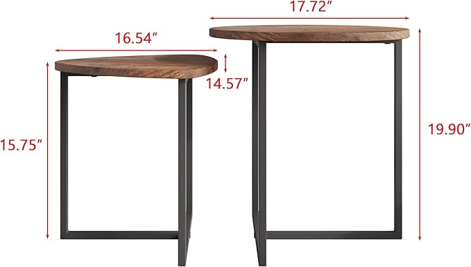 HOJINLINERO Round Coffee Table Set of 2 End Tables for Living Room,Black Small Coffee Table Living Room Table,Metal Frame & Wood,Sturdy and Easy Assembly,Stacking Side Tables Bedroom,Brown