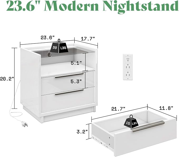 AMERLIFE Nightstand, 23.6" End Table with Charging Station, Modern High Gloss Bedside Table with Glass Top, Spacious Drawers & Open Shelf, Easy Assembly, Bedroom Storage, White - Image 2