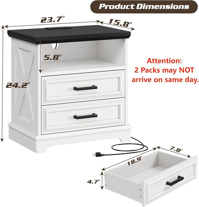 knoworld 24 Inch Wide Farmhouse Nightstands Set of 2 with Charging Station, White Nightstand with 2 Large Drawers, Rustic Wood End Table for Bedroom - Image 3