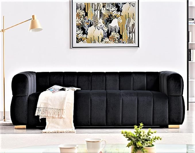 Art Deco Velvet Sofa with Tufted Low Back Design, Sophisticated 3 Seater Couch for Living Rooms, 89 Inch Wide, Easy Assembly, Black