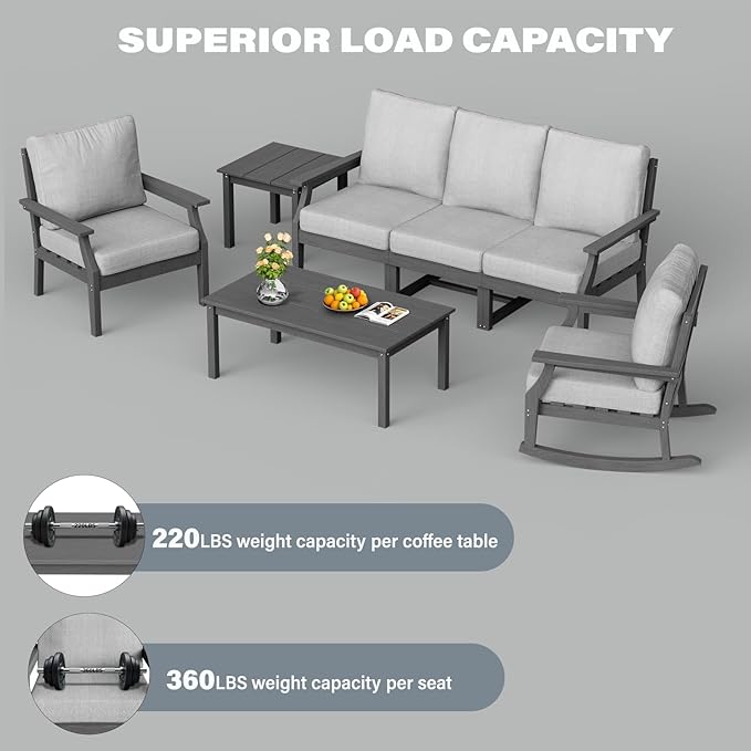 HDPE Patio Conversation Set, 7-Piece All Weather Outdoor Furniture Set with 1 Single Rocking Armchairs for Deck, Lawn, with Cushion, Gray