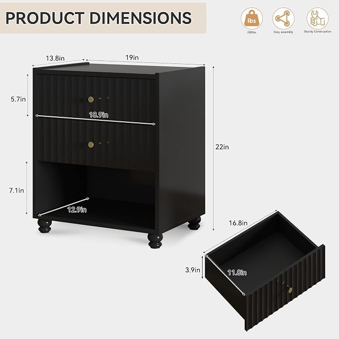 Modern Nightstand, Fluted End Table with 2 Drawers, Nightstand with Open Shelf for Bedroom (2, Black) - Image 2