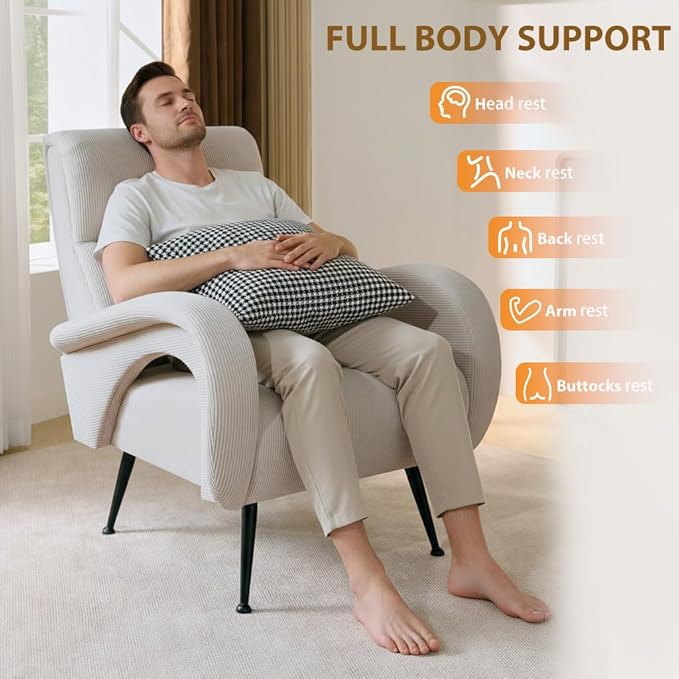 Corduroy Living Room Accent Chairs, Comfy High Back Reading Chair with Curved Arms and Solid Legs, Upholstered Armchair for Bedroom, Reading Nook, Apartment, Beige