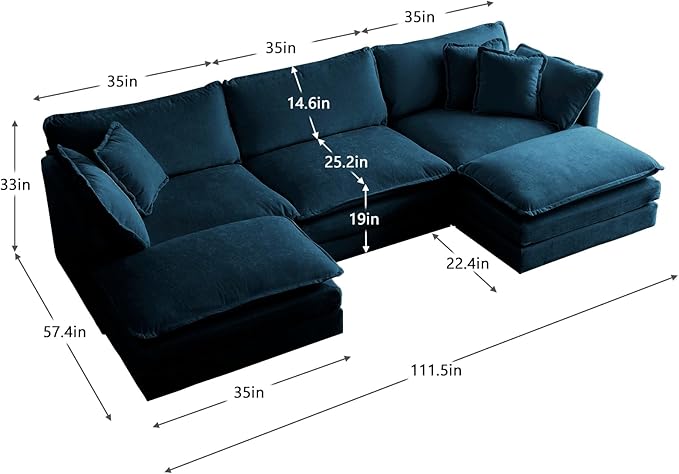 KEIKI Combination Sofa, Upholstered 5 Seater Couch, Oversized U Shaped Sectional Sofa with Reversible Ottoman for Living Room Bedroom Office, Blue