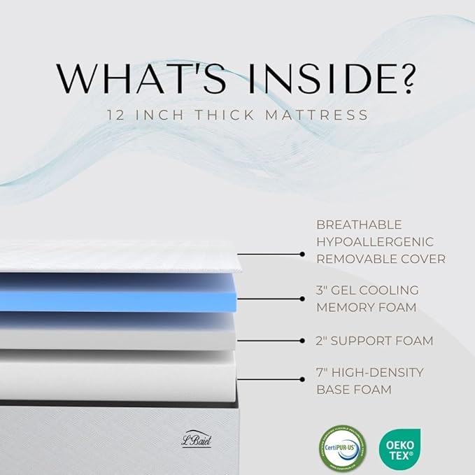 L’Baiet 12 Inch Gel Memory Foam Mattress, Full Size - Bed in a Box - Medium Firm - Breathable Cooling-Gel Comfort Technology - Pressure Relief Comfy Support Soft Fabric Cover - CertiPUR-US Certified