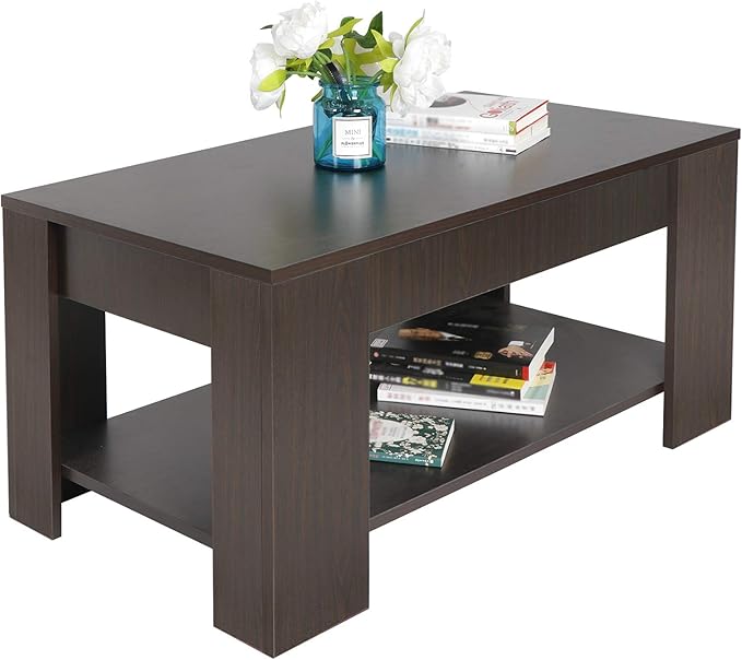 SUPER DEAL Modern Lift Top Coffee Table w/Hidden Compartment and Storage Shelves Pop-Up Storage Cocktail Table for Living Room Reception Room