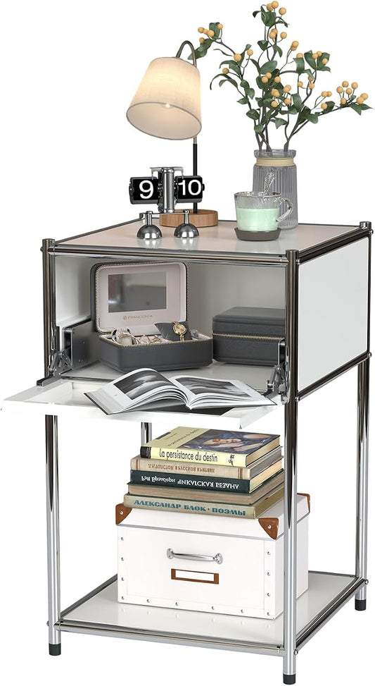 White Night Stand with Drawers:Modern Nightstand with Storage,Metal Heavy Duty Industrial Bed Side End Tables Living Room Sofa Couch Home Office Furniture,Kids Bedside Table Bedroom Small Space by MIBOIM