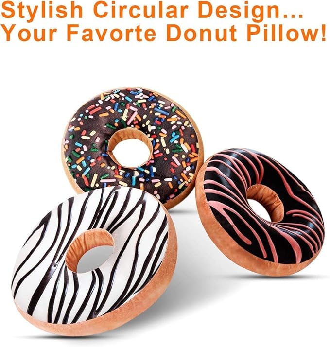HYSEAS Round Throw Pillow 14 Inch Chocolate Pink Donut, 2 Pack 3D Digital Print, Decorative Plush Funny Food Shaped Seat Cushion, for Couch, Chair, Floor, Sofa