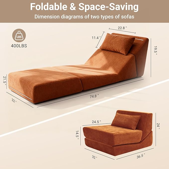 Folding Sofa Bed Chair, Convertible Sleeper Chair Bed Sleeper for Adults, 3 in 1 Floor Sofa Lounge with Back Support Pillow & Removable Cover for Living Room Apartment Office (Brown) | Washable Cover, With pillow, Foldable Bed Chair