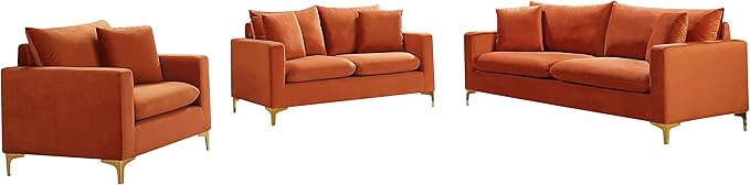 Meridian Furniture 633Cognac-S Naomi Collection Modern | Contemporary Velvet Upholstered Sofa with Deep Channel Tufting and Rich Gold Stainless Steel Legs, Cognac, 81.5" W x 33.5" D x 30" H