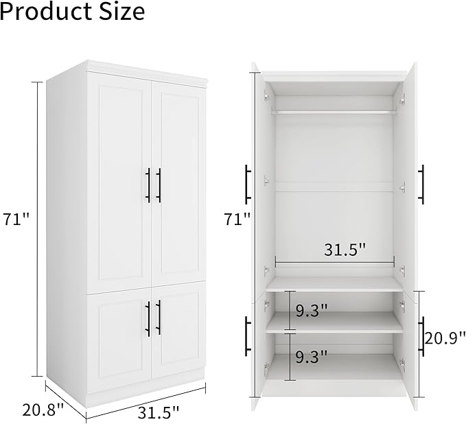 Armoire Wardrobe with Mirror, Bedroom Armoire Cabinet with Storage, Wood Closet with Hanging Rod (White - 52)