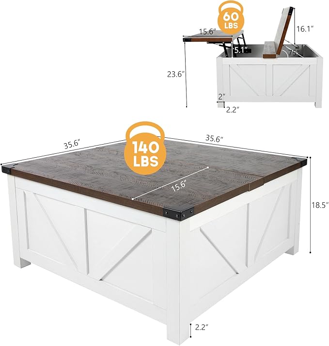 Farmhouse Lift Top Coffee Table with Storage, Wood Square Center Table with Charging Station&USB Port, Living Room Table w/Large Hidden Space, for Living Room, Bedroom, Home Office, White