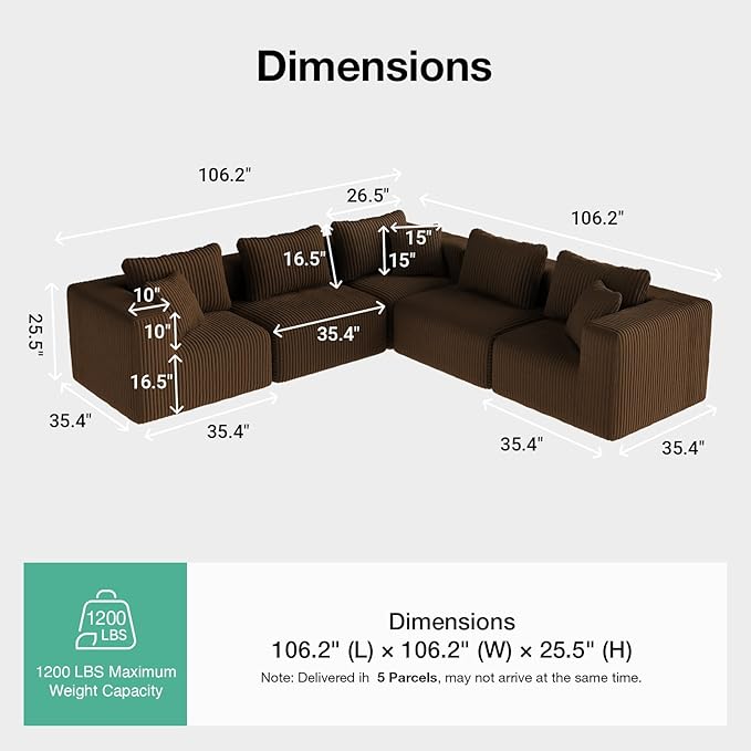 Novilla 106" Modular Sectional Sofa, Modern Cloud Sectional Couch with Smarts Coil® Support, L-Shape Boneless Couch for Living Room Apartments Bedroom, No Assembly Required, Brown (5 Seat)