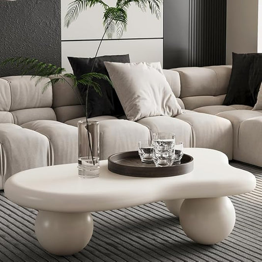40” Cloud Coffee Table with 3 Ball Legs, Modern Irregular Center Table for Living Room, Low Cute Small MDF Tea Table for Bedroom, Space Apartment Cream White